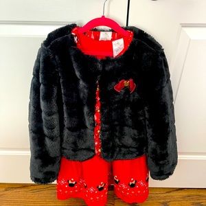 Red dress with black furry jacket